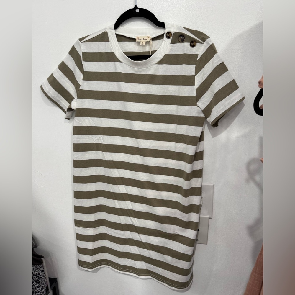 Hem & Thread Olive and White Striped Tee Dress with Shoulder Buttons